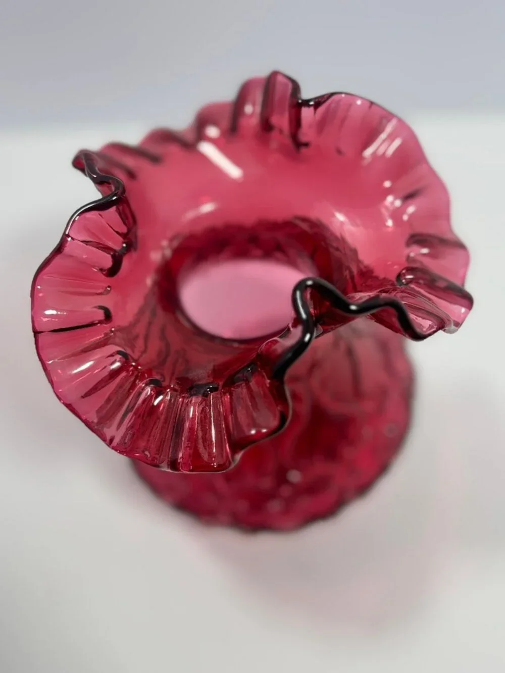 Fenton Vintage Cranberry Glass Heart & Vine Embossed Vase Double Crimped Ruffled